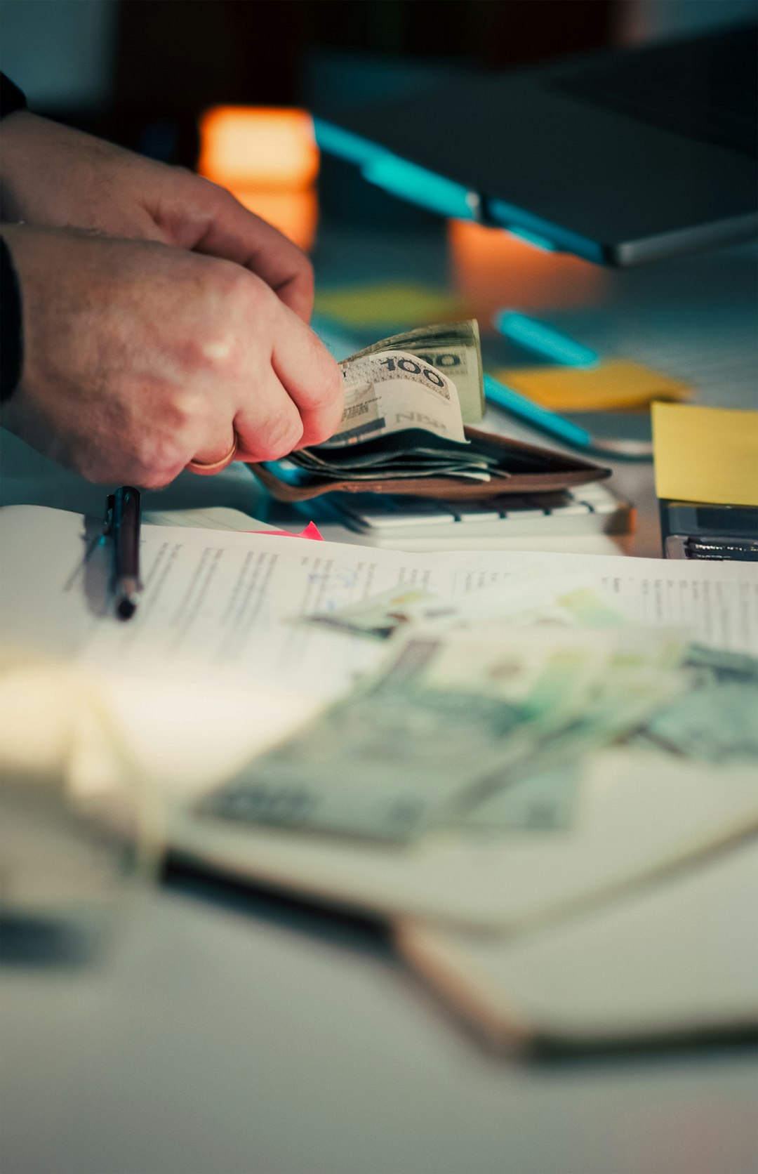who-we-are Wallet Deposit Savings Salary Budget close-up hands placing Polish banknotes leather wallet